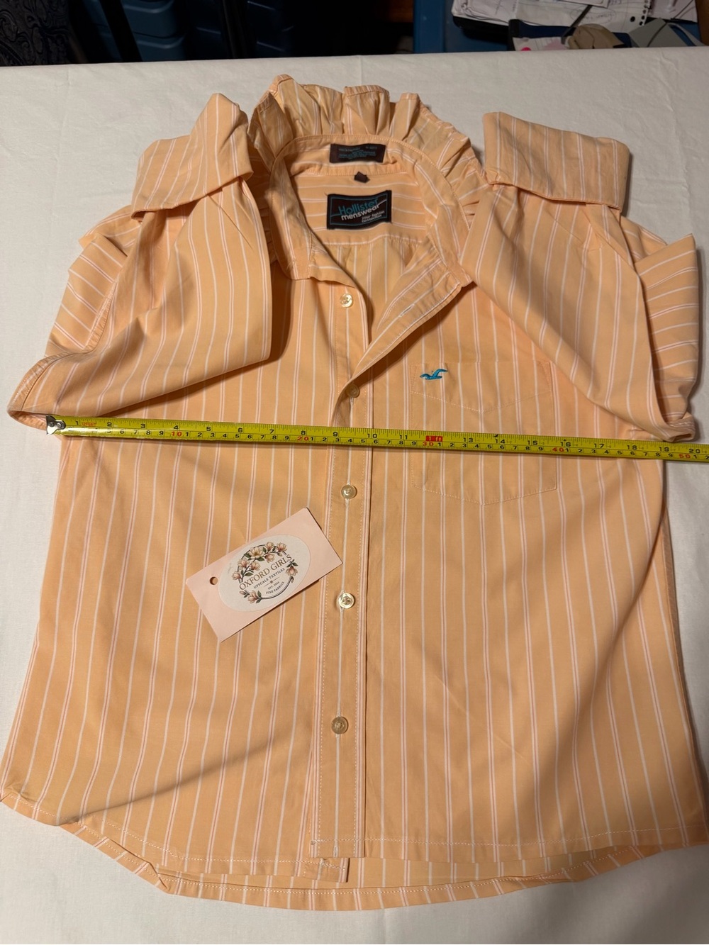 Hollister Peach and White Striped Button-Up Shirt Upcycled with ruffle collar. M - Picture 4 of 6
